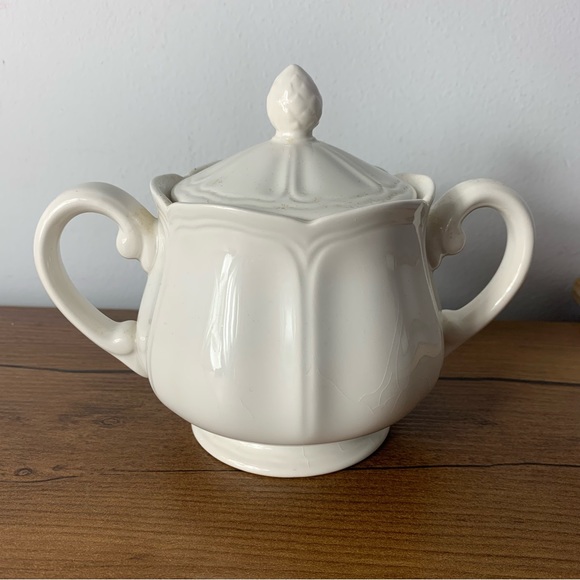 Vintage Federalist Ironstone Crazed White Sugar Dish Bowl Handles & Lid